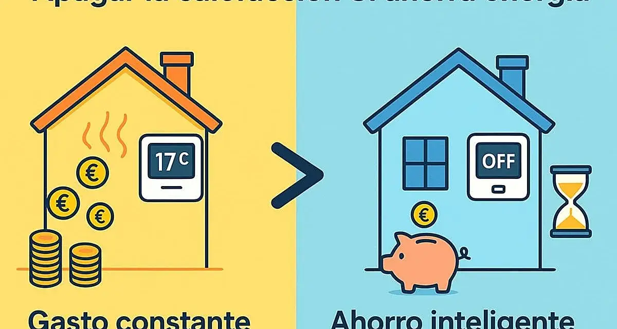 Apagar la calefacción es clave para como calentar una casa económicamente. La imagen muestra una casa con termostato a 17°C y monedas, frente a otra con calefacción apagada, hucha y reloj de arena.
