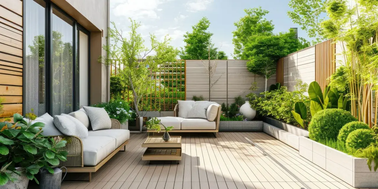 Terraza moderna con sofás, plantas y vallas de madera. Ideal para crear privacidad y como tapar la vista del vecino en terraza.