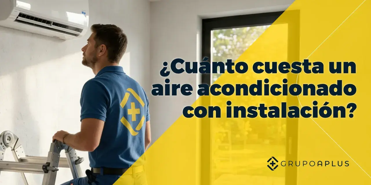 Técnico revisa unidad de aire acondicionado instalada en pared. Texto: "¿Cuánto cuesta un aire acondicionado con instalación?".