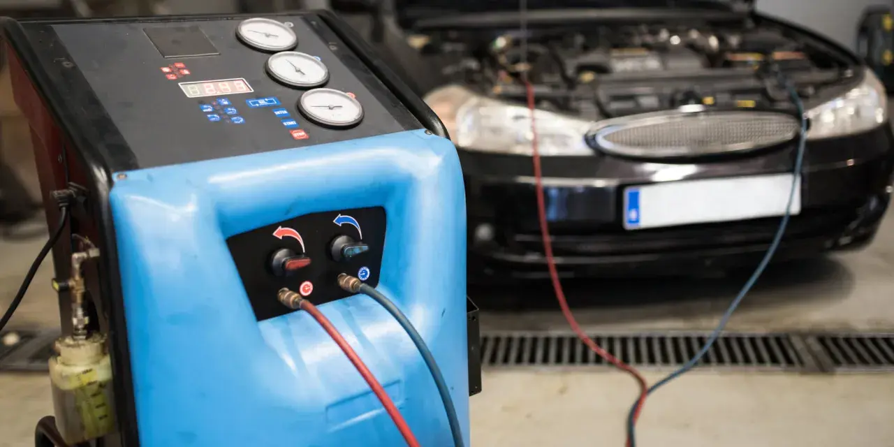 Máquina para cargar gas aire acondicionado conectada a un coche.