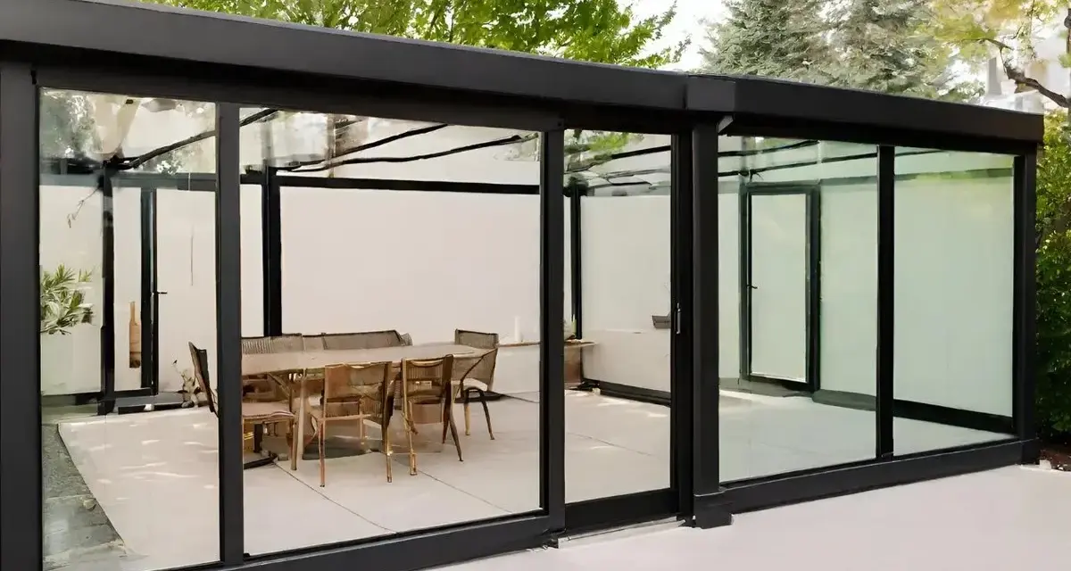 Elegante estructura de cristal para cerrar terraza, con mesa y sillas listas para disfrutar.