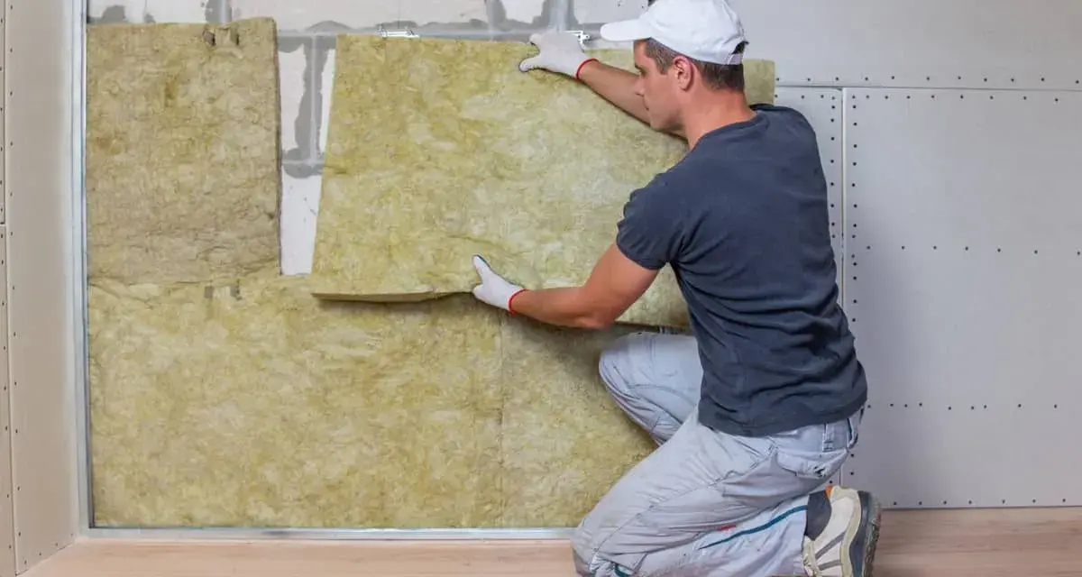 Un hombre instala aislamiento en una pared para combatir el frío en casa.