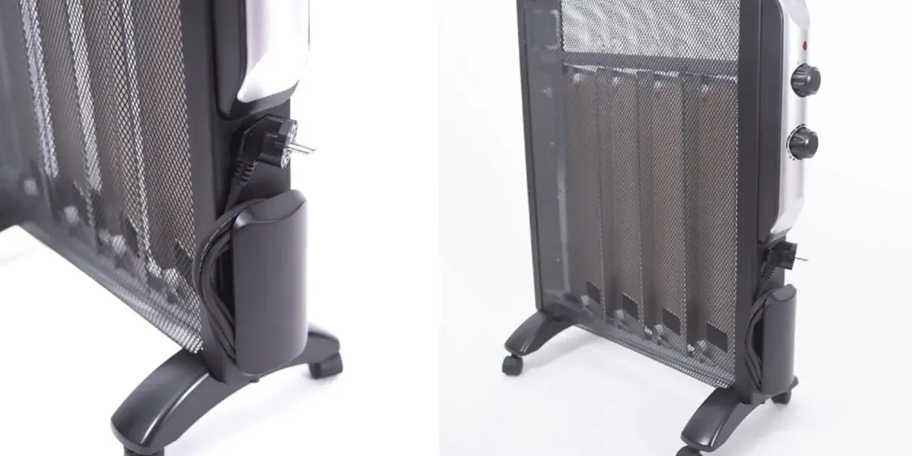 Radiador de mica portátil con ruedas y cable de alimentación. Ideal para calentar espacios.