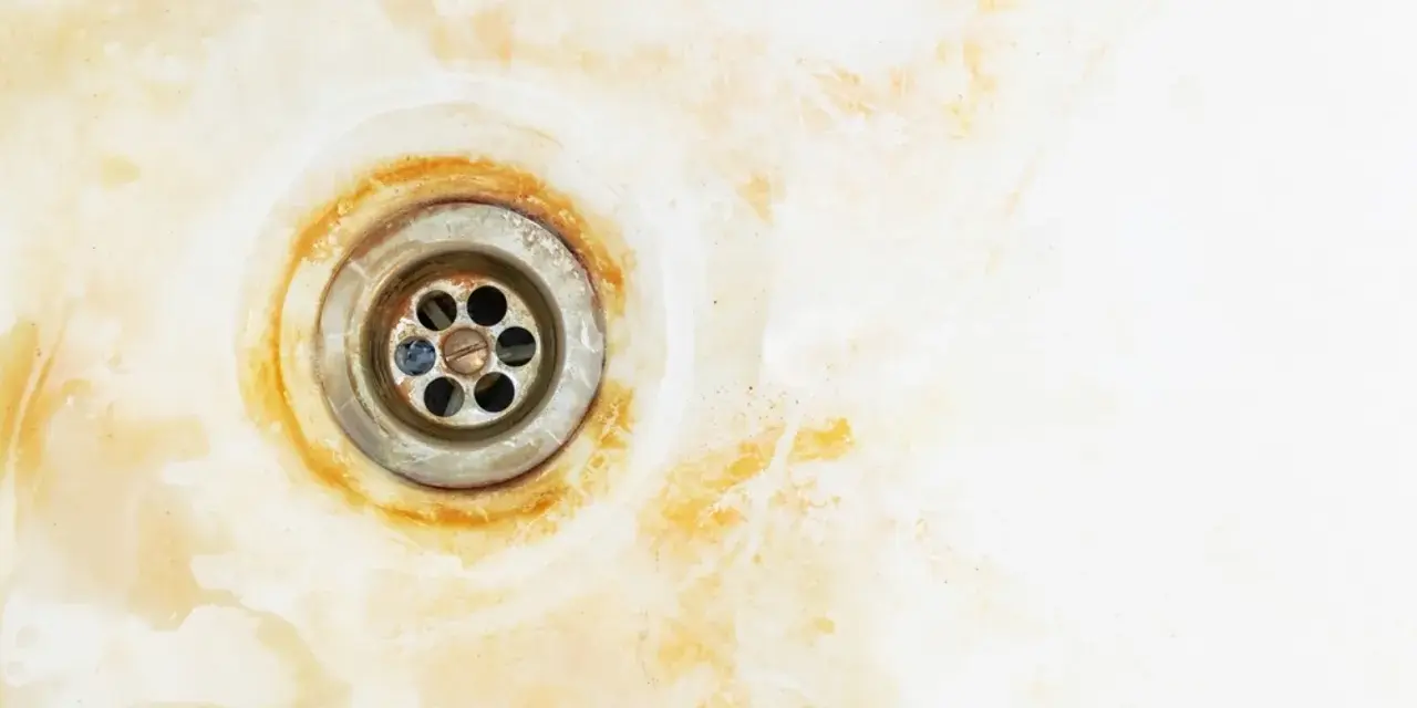 Desagüe de bañera con óxido y manchas amarillas, listo para quitar óxido bañera y pintar.