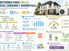 Infografía sobre aerotermia: coste, consumo y ahorro para una vivienda de 150 m². Explica qué es la aerotermia, su potencia, consumo y ahorro.