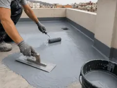 Aplicación de impermeabilizante para terrazas con rodillo y llana. Protegiendo la superficie contra la humedad.