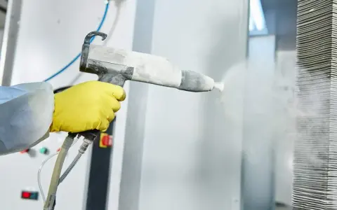 Proceso de quitar pintura de metal con pistola de chorro de arena.