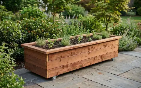 Jardinera de madera con ruedas, ideal para aprender como hacer una jardinera de madera y cultivar hierbas aromáticas en tu patio.