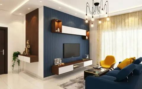 Salón moderno con pared de acento azul con relieve, combinando papel pintado y pintura. Mueble flotante con TV y decoración.