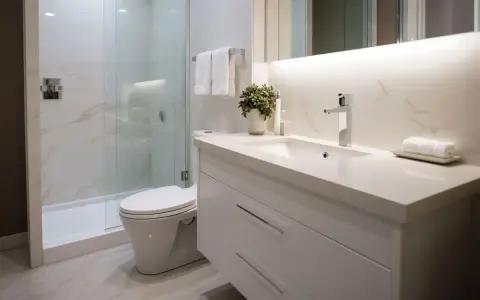 Moderno baño con ducha de cristal y lavabo blanco. Las paredes lucen un elegante revestimiento de mármol, ideal para un revestimiento paredes baño sin obras.