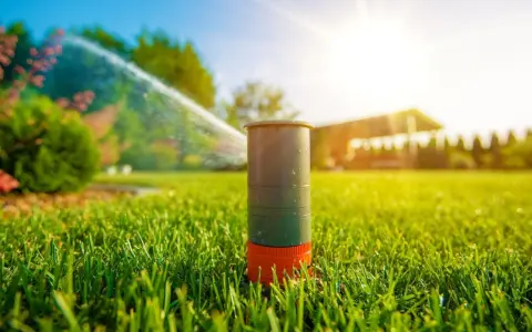 Aspersor de césped en acción, mostrando diferentes tipos de aspersores para riego eficiente bajo el sol.