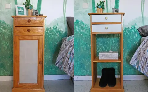 Ideas para pintar mesitas de noche: antes y después de renovar un mueble de madera con cajones y puertas, junto a una cama.