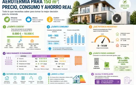 Infografía sobre aerotermia: coste, consumo y ahorro para una vivienda de 150 m². Explica qué es la aerotermia, su potencia, consumo y ahorro.