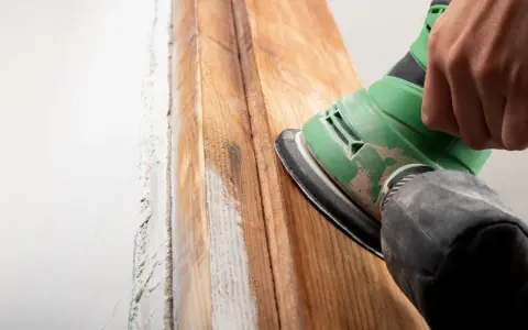 Lijando madera para quitar barniz viejo. El proceso de como quitar barniz de la madera se ve en acción con una lijadora.