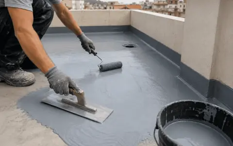Aplicación de impermeabilizante para terrazas con rodillo y llana. Protegiendo la superficie contra la humedad.