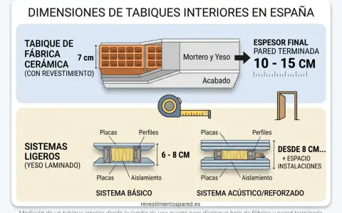 Ilustración compara tipos de tabiques interiores: cerámica (10-15 cm) y sistemas ligeros (6-8 cm).