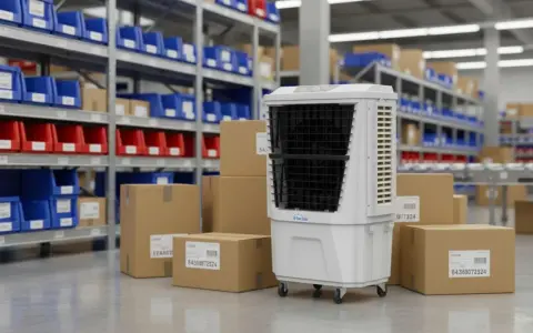Un climatizador evaporativo blanco con ruedas, rodeado de cajas de cartón y estanterías con contenedores azules y rojos en un almacén.