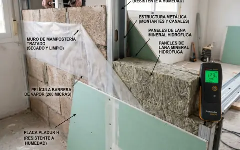 Detalle de cómo aislar una pared ya construida con lana mineral, barrera de vapor y placas de yeso laminado.