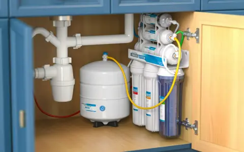 Sistema de ósmosis inversa instalado bajo el fregadero. Un tanque blanco y varios filtros de agua listos para instalar osmosis en casa.