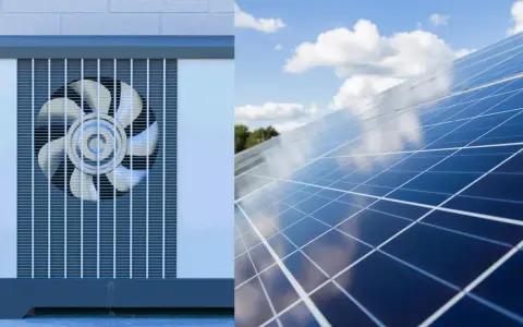 Unidad exterior de aerotermia junto a un campo de placas solares bajo un cielo azul con nubes.