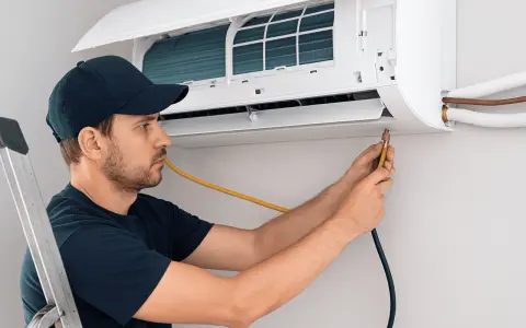 Técnico con gorra azul trabajando en la instalación de un aire acondicionado, conectando mangueras a la unidad interior.