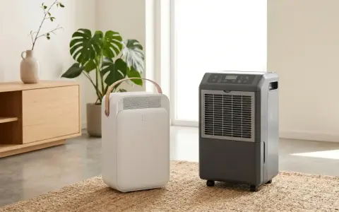 Dos tipos de deshumidificadores, uno blanco y portátil con asa de madera, otro gris con ruedas, en una sala de estar moderna.