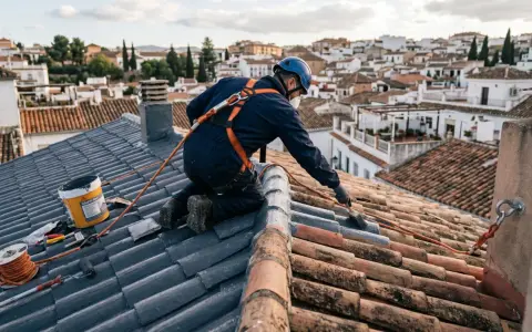 Trabajador realiza impermeabilización de tejados con pintura especial. Se ve equipo de seguridad y materiales.