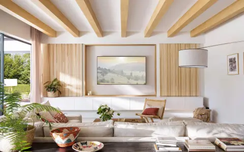 Salón moderno con palilleria en pared, vigas de madera en techo y sofá modular.
