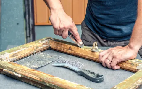 Hombre decapa madera de un marco antiguo con rasqueta y cepillo.