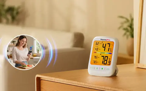 Un higrómetro digital muestra 47% de humedad y 78.9°F. Una mujer sonríe usando su teléfono en la cocina.