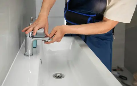 Man con mono azul trabajando para cambiar grifo lavabo. Manos ajustando la base del grifo cromado sobre el lavabo blanco.