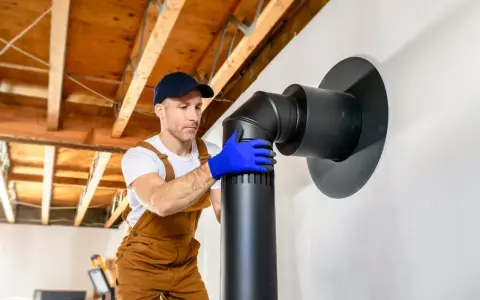 Instalador con guantes azules ensambla tubería negra para chimenea. Guía visual sobre como hacer una chimenea de obra.