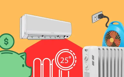 Ahorra dinero con una calefacción eléctrica más eficiente. Un hucha con un dólar, un aire acondicionado y un radiador.