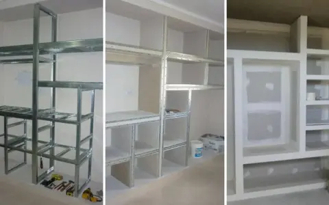 Construcción de un armario de pladur con estructura metálica y estantes. Se muestra el proceso desde el armazón hasta el acabado.