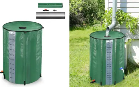 Inventos para recoger agua de lluvia: barril verde plegable con medidor de capacidad, ideal para jardines.