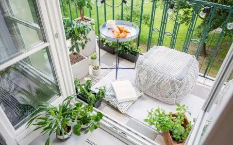 Acogedor rincón en unas terrazas pequeñas con encanto: cojines, plantas, un libro y cruasanes para un desayuno perfecto.