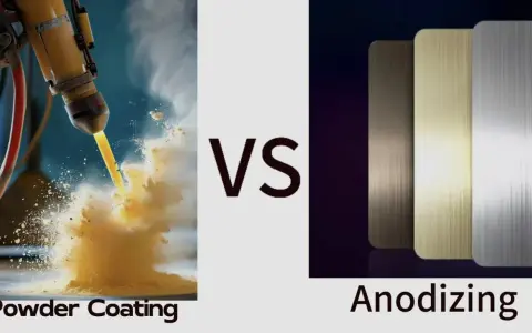 Proceso de pintar aluminio con recubrimiento en polvo versus anodizado, mostrando la aplicación de pintura y muestras de aluminio anodizado.