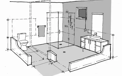 Boceto de un baño moderno con ducha, inodoro y lavabo. Se aprecian las medidas para la instalacion fontaneria baño.