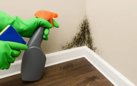 Manos con guantes verdes rociando y limpiando moho negro en la esquina de una pared, buscando quitar moho pared definitivamente.