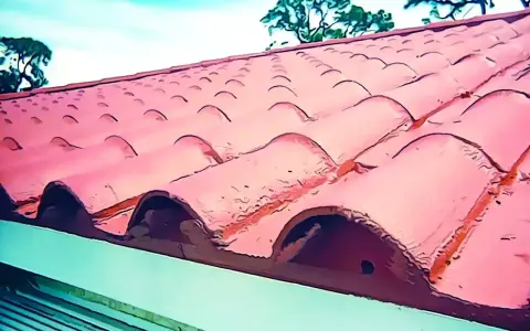 Tejas rojas de barro en un tejado, ideal para reparar tejado sin quitar tejas. Cielo azul y árboles al fondo.