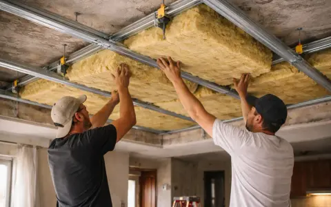 Dos hombres instalan aislamiento en un falso techo para insonorizar techo sin obras.