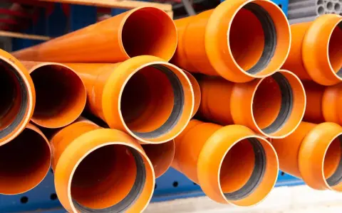 Tubos de PVC naranja apilados, listos para ser instalados en exteriores. Perfectos para proyectos de fontanería y drenaje.