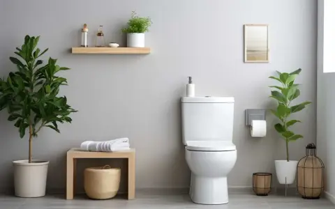 Un baño moderno con un inodoro blanco, plantas verdes y un espejo. Se aprecian varios tipos de inodoro en el diseño.