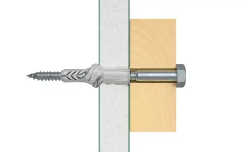 Ilustración de diferentes tipos de tacos para pared, mostrando un taco de expansión y un tornillo fijando una pieza de madera a una pared.
