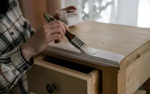 Persona con camisa a cuadros pinta madera de un mueble con brocha blanca.