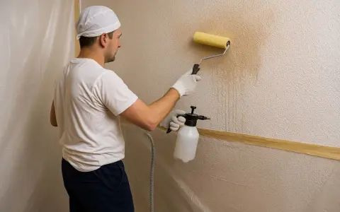 Hombre con rodillo y pulverizador mojando la pared para quitar gotele con agua.