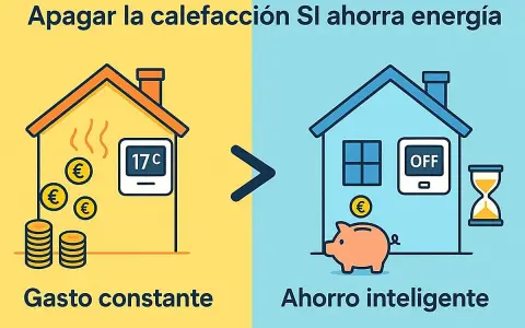Apagar la calefacción es clave para como calentar una casa económicamente. La imagen muestra una casa con termostato a 17°C y monedas, frente a otra con calefacción apagada, hucha y reloj de arena.