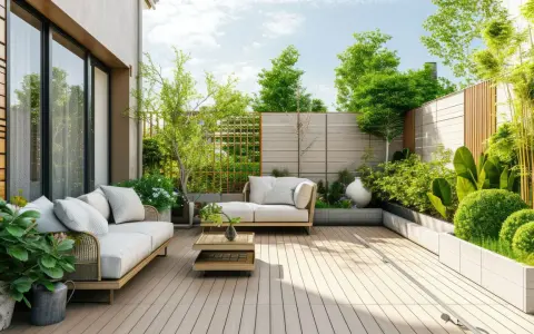 Terraza moderna con sofás, plantas y vallas de madera. Ideal para crear privacidad y como tapar la vista del vecino en terraza.