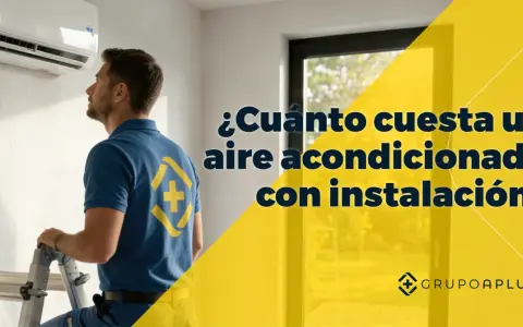 Técnico revisa unidad de aire acondicionado instalada en pared. Texto: "¿Cuánto cuesta un aire acondicionado con instalación?".