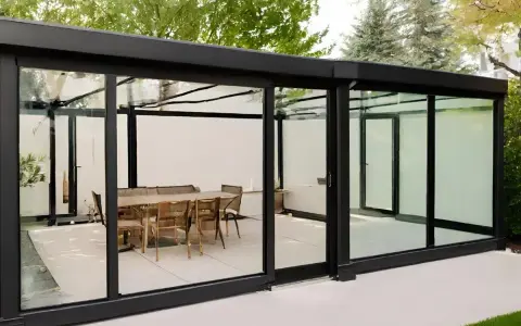 Elegante estructura de cristal para cerrar terraza, con mesa y sillas listas para disfrutar.